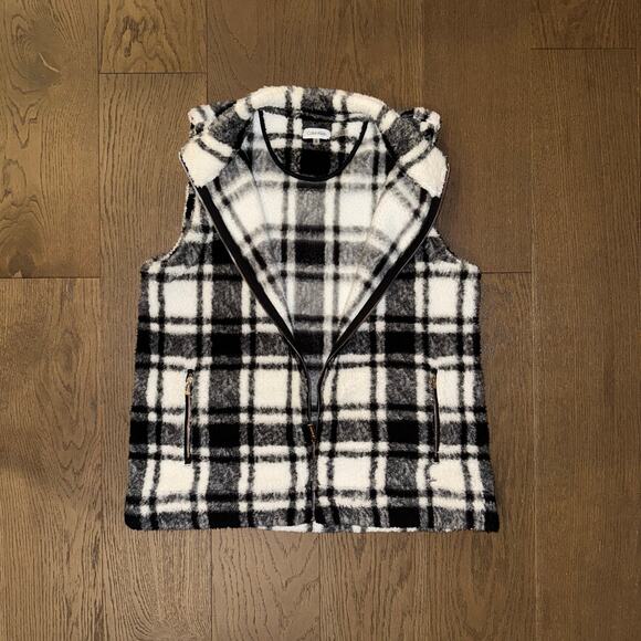 Calvin Klein Fuzzy B&W Plaid Zipper Front Cozy Soft Vest Women's Size XL - Picture 2 of 5